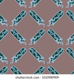 Alchemy seamless pattern background with bottles. Backdrop with cute laboratory bottles. Cartoon chemistry illustration. Magic liquid.