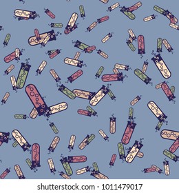 Alchemy seamless pattern background with bottles. Backdrop with cute laboratory bottles. Cartoon chemistry illustration. Magic liquid.