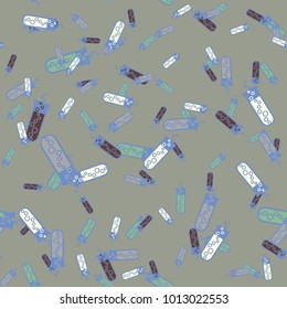 Alchemy seamless pattern background with bottles. Backdrop with cute laboratory bottles. Cartoon chemistry illustration. Magic liquid.