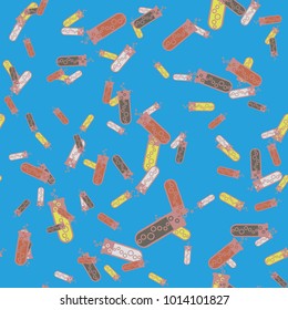 Alchemy seamless pattern background with bottles. Backdrop with cute laboratory bottles. Cartoon chemistry illustration. Magic liquid.