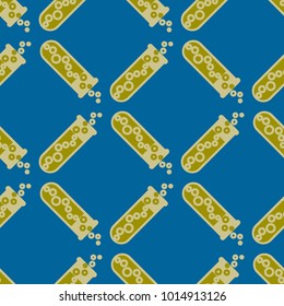 Alchemy seamless pattern background with bottles. Backdrop with cute laboratory bottles. Cartoon chemistry illustration. Magic liquid.
