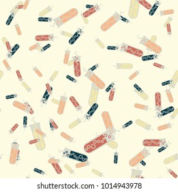 Alchemy seamless pattern background with bottles. Backdrop with cute laboratory bottles. Cartoon chemistry illustration. Magic liquid.