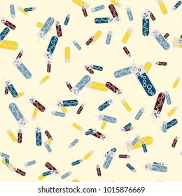 Alchemy seamless pattern background with bottles. Backdrop with cute laboratory bottles. Cartoon chemistry illustration. Magic liquid.