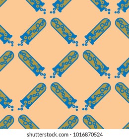 Alchemy seamless pattern background with bottles. Backdrop with cute laboratory bottles. Cartoon chemistry illustration. Magic liquid.