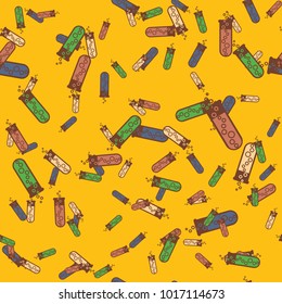 Alchemy seamless pattern background with bottles. Backdrop with cute laboratory bottles. Cartoon chemistry illustration. Magic liquid.