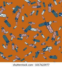 Alchemy seamless pattern background with bottles. Backdrop with cute laboratory bottles. Cartoon chemistry illustration. Magic liquid.