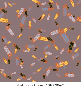 Alchemy seamless pattern background with bottles. Backdrop with cute laboratory bottles. Cartoon chemistry illustration. Magic liquid.