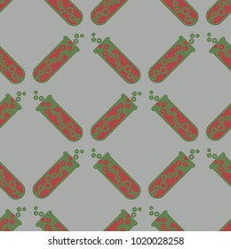 Alchemy seamless pattern background with bottles. Backdrop with cute laboratory bottles. Cartoon chemistry illustration. Magic liquid.