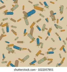 Alchemy seamless pattern background with bottles. Backdrop with cute laboratory bottles. Cartoon chemistry illustration. Magic liquid.