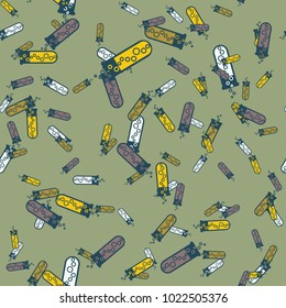 Alchemy seamless pattern background with bottles. Backdrop with cute laboratory bottles. Cartoon chemistry illustration. Magic liquid.