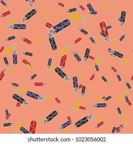 Alchemy seamless pattern background with bottles. Backdrop with cute laboratory bottles. Cartoon chemistry illustration. Magic liquid.