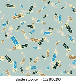 Alchemy seamless pattern background with bottles. Backdrop with cute laboratory bottles. Cartoon chemistry illustration. Magic liquid.