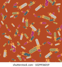 Alchemy seamless pattern background with bottles. Backdrop with cute laboratory bottles. Cartoon chemistry illustration. Magic liquid.