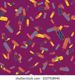 Alchemy seamless pattern background with bottles. Backdrop with cute laboratory bottles. Cartoon chemistry illustration. Magic liquid.