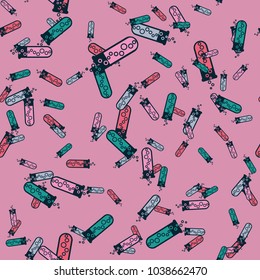 Alchemy seamless pattern background with bottles. Backdrop with cute laboratory bottles. Cartoon chemistry illustration. Magic liquid.