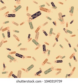 Alchemy seamless pattern background with bottles. Backdrop with cute laboratory bottles. Cartoon chemistry illustration. Magic liquid.