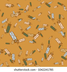 Alchemy seamless pattern background with bottles. Backdrop with cute laboratory bottles. Cartoon chemistry illustration. Magic liquid.