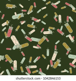 Alchemy seamless pattern background with bottles. Backdrop with cute laboratory bottles. Cartoon chemistry illustration. Magic liquid.