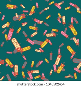 Alchemy seamless pattern background with bottles. Backdrop with cute laboratory bottles. Cartoon chemistry illustration. Magic liquid.