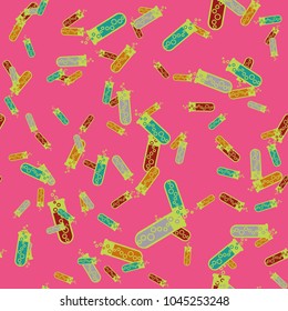 Alchemy seamless pattern background with bottles. Backdrop with cute laboratory bottles. Cartoon chemistry illustration. Magic liquid.