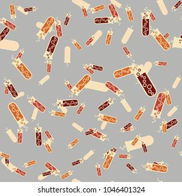 Alchemy seamless pattern background with bottles. Backdrop with cute laboratory bottles. Cartoon chemistry illustration. Magic liquid.