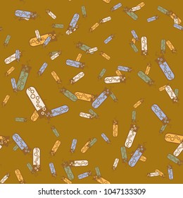 Alchemy seamless pattern background with bottles. Backdrop with cute laboratory bottles. Cartoon chemistry illustration. Magic liquid.