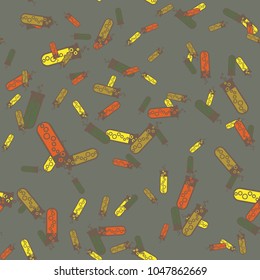 Alchemy seamless pattern background with bottles. Backdrop with cute laboratory bottles. Cartoon chemistry illustration. Magic liquid.