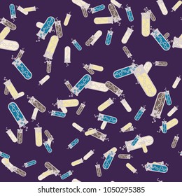 Alchemy seamless pattern background with bottles. Backdrop with cute laboratory bottles. Cartoon chemistry illustration. Magic liquid.