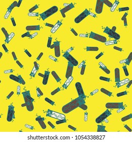 Alchemy seamless pattern background with bottles. Backdrop with cute laboratory bottles. Cartoon chemistry illustration. Magic liquid.