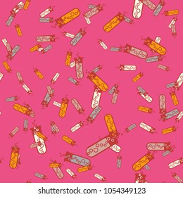 Alchemy seamless pattern background with bottles. Backdrop with cute laboratory bottles. Cartoon chemistry illustration. Magic liquid.