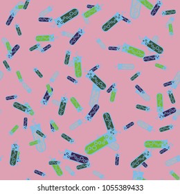 Alchemy seamless pattern background with bottles. Backdrop with cute laboratory bottles. Cartoon chemistry illustration. Magic liquid.