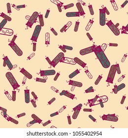 Alchemy seamless pattern background with bottles. Backdrop with cute laboratory bottles. Cartoon chemistry illustration. Magic liquid.