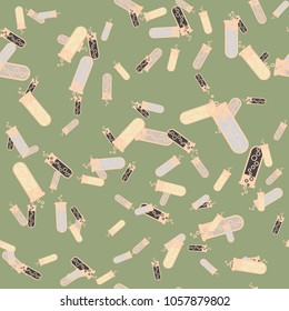 Alchemy seamless pattern background with bottles. Backdrop with cute laboratory bottles. Cartoon chemistry illustration. Magic liquid.