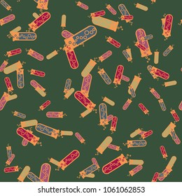 Alchemy seamless pattern background with bottles. Backdrop with cute laboratory bottles. Cartoon chemistry illustration. Magic liquid.