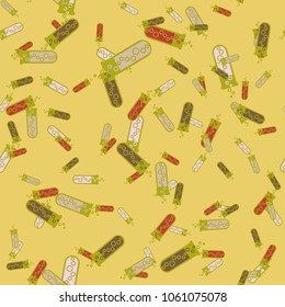 Alchemy seamless pattern background with bottles. Backdrop with cute laboratory bottles. Cartoon chemistry illustration. Magic liquid.