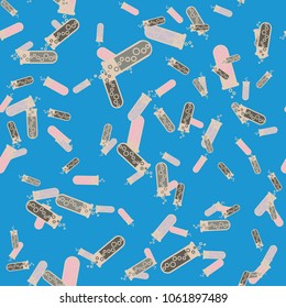 Alchemy seamless pattern background with bottles. Backdrop with cute laboratory bottles. Cartoon chemistry illustration. Magic liquid.