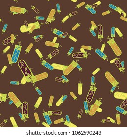 Alchemy seamless pattern background with bottles. Backdrop with cute laboratory bottles. Cartoon chemistry illustration. Magic liquid.