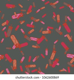 Alchemy seamless pattern background with bottles. Backdrop with cute laboratory bottles. Cartoon chemistry illustration. Magic liquid.