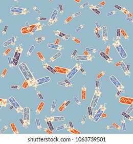 Alchemy seamless pattern background with bottles. Backdrop with cute laboratory bottles. Cartoon chemistry illustration. Magic liquid.