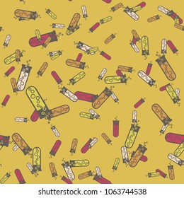 Alchemy seamless pattern background with bottles. Backdrop with cute laboratory bottles. Cartoon chemistry illustration. Magic liquid.
