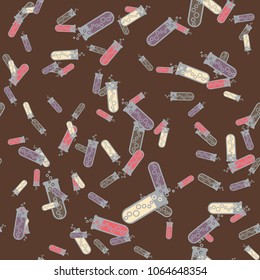 Alchemy seamless pattern background with bottles. Backdrop with cute laboratory bottles. Cartoon chemistry illustration. Magic liquid.