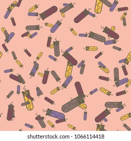 Alchemy seamless pattern background with bottles. Backdrop with cute laboratory bottles. Cartoon chemistry illustration. Magic liquid.