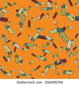 Alchemy seamless pattern background with bottles. Backdrop with cute laboratory bottles. Cartoon chemistry illustration. Magic liquid.