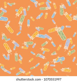 Alchemy seamless pattern background with bottles. Backdrop with cute laboratory bottles. Cartoon chemistry illustration. Magic liquid.