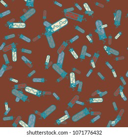 Alchemy seamless pattern background with bottles. Backdrop with cute laboratory bottles. Cartoon chemistry illustration. Magic liquid.