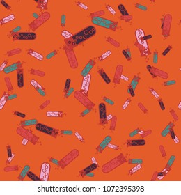 Alchemy seamless pattern background with bottles. Backdrop with cute laboratory bottles. Cartoon chemistry illustration. Magic liquid.