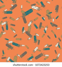 Alchemy seamless pattern background with bottles. Backdrop with cute laboratory bottles. Cartoon chemistry illustration. Magic liquid.