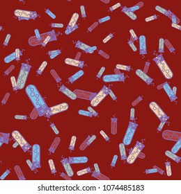 Alchemy seamless pattern background with bottles. Backdrop with cute laboratory bottles. Cartoon chemistry illustration. Magic liquid.