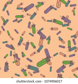 Alchemy seamless pattern background with bottles. Backdrop with cute laboratory bottles. Cartoon chemistry illustration. Magic liquid.