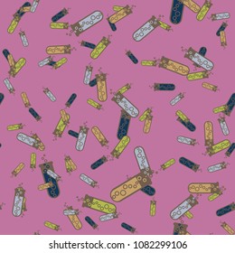 Alchemy seamless pattern background with bottles. Backdrop with cute laboratory bottles. Cartoon chemistry illustration. Magic liquid.